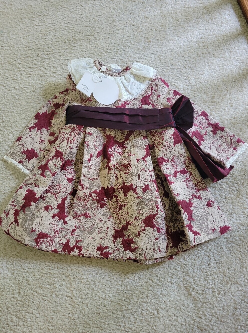 Pepa LONDON Burgundy and Cream Floral Brocade Girls Dress with Bow